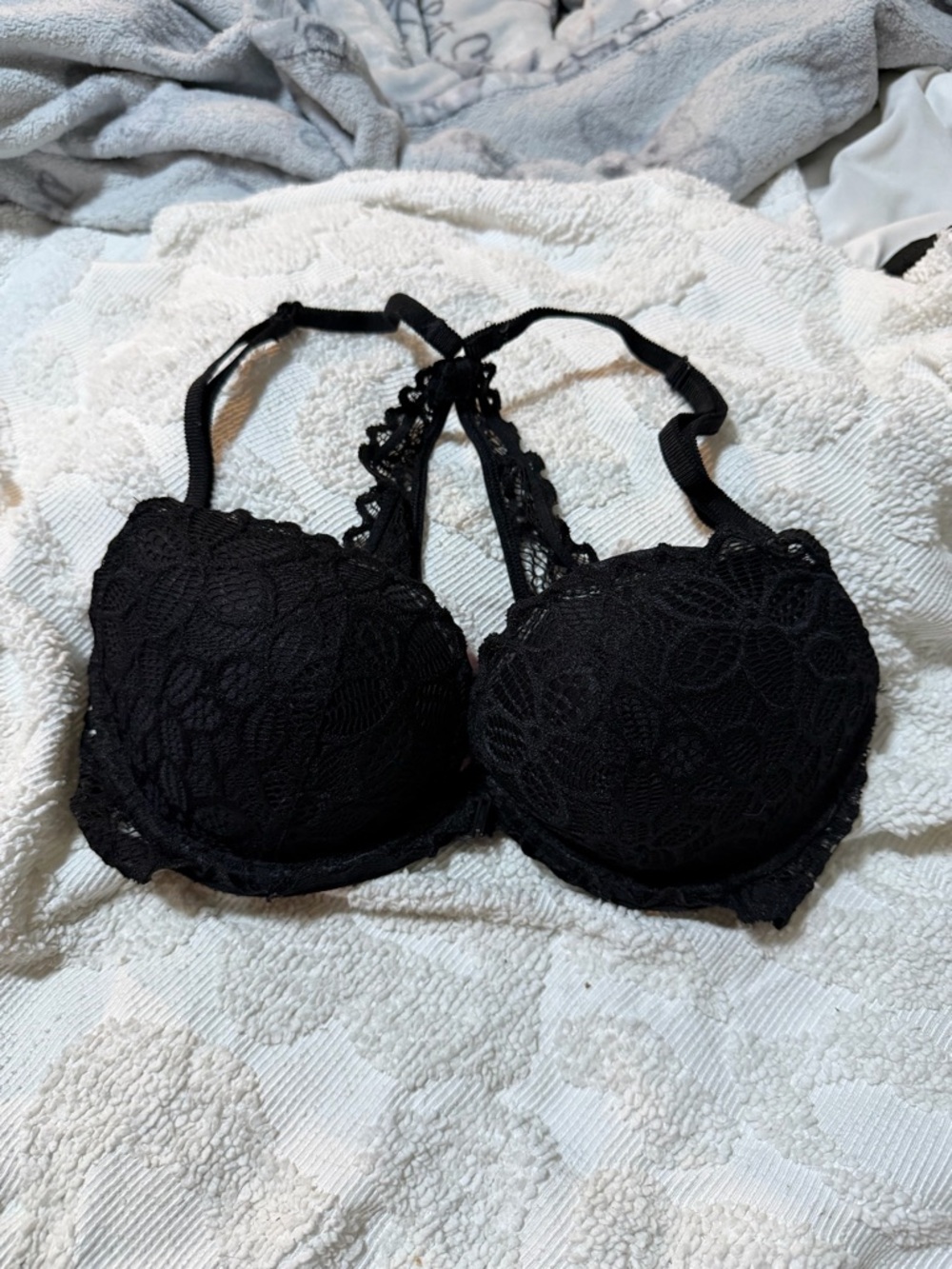 Front Clip Black Lace Push-Up Bra with Racerback Detail